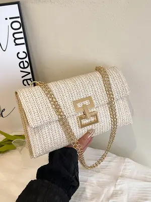 2026 Straw Bag with Gold Chain for Women