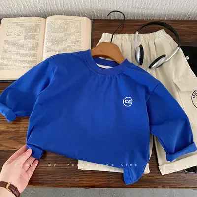 Blue Pure Cotton Boys Letter T-Shirt Long Sleeve Autumn