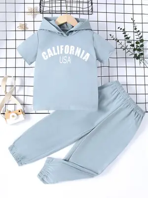 Cross-Border Light Blue Cotton Shorts Set for Boys