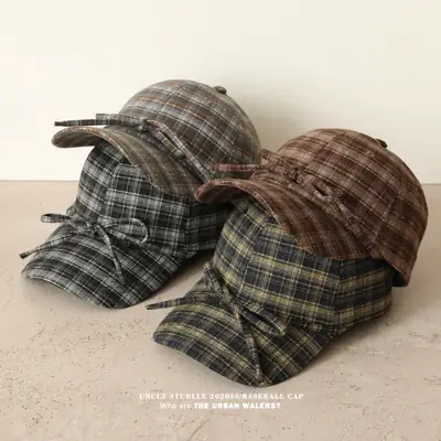 Women Wool Plaid Baseball Cap Winter Warm Retro Bow