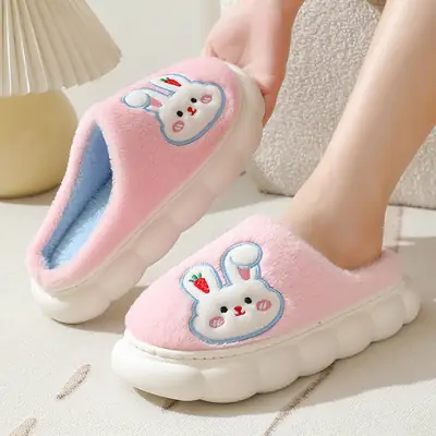 Autumn and Winter Home Plush Cotton Slippers for Women, Cute Rabbit Thick-Soled Cotton Slippers, Winter Fleece-Lined Warm Confinement Non-Slip Shoes