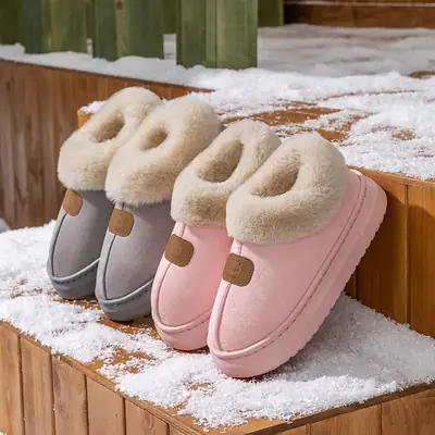 Cartoon Bear Head Plush Slippers for Women, Autumn and Winter Indoor Fleece Warm Maternity Shoes, Outdoor Couple Plush Snow Boots