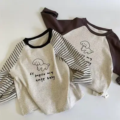 Boys Cotton Long Sleeve T-Shirt Brown Grey Kids Spring Autumn