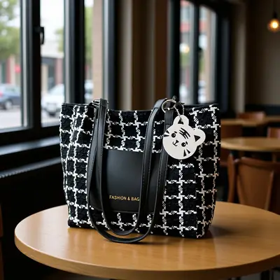Women's Black Plaid Shoulder Bag with White Tag