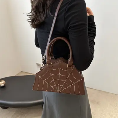Spider Web Embroidered Brown Shoulder Bag