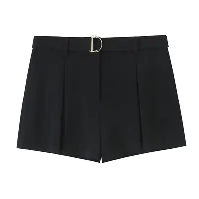Black Pleated Shorts with Belt for Women