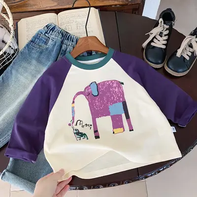 Girls Cotton Raglan Sleeve T-Shirt Purple White Graphic Print