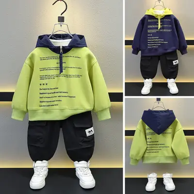 Boys Hooded Sweatshirt Set Green Blue Letter Print