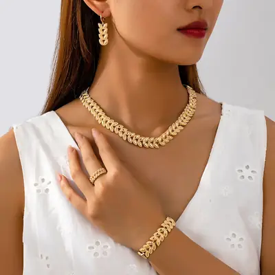 European and American Cross-Border New Fashion Trendy Willow Leaf Pattern Bracelet Necklace Earrings Simple and Exquisite Jewelry Set