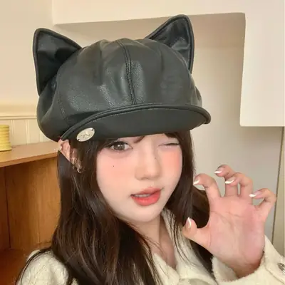Women Cat Ears Leather Hat Spring Autumn