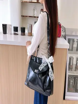 Black Bow Shoulder Tote Bag with Bow Ribbon