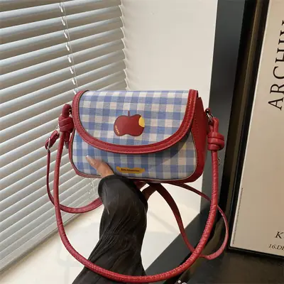 Cute Apple Design Crossbody Bag for Women Blue Checkered