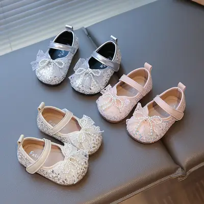 Girls' Leather Shoes, Pearl Bow Princess Shoes, Baby Girl's Shiny One-Year-Old Dress, One-Year-Old 3 Baby Toddler Shoes