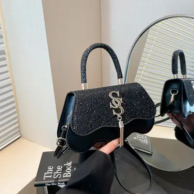 Black Glitter Square Bag for Women with Gold Chain