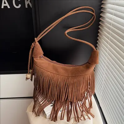 Retro Suede Underarm Bag Women Tan Fringe Shoulder