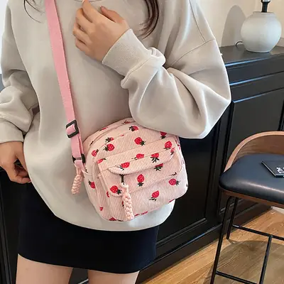 Retro Corduroy Crossbody Bag Pink Red Flowers 2025