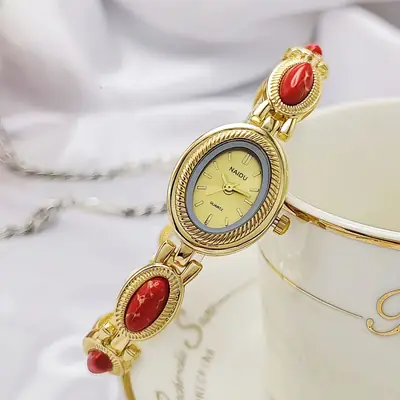 New Colorful Stone Women's Bracelet Watch Korean Version Oval Women's Watch Student Versatile Niche Fashion Gold High-End Sense