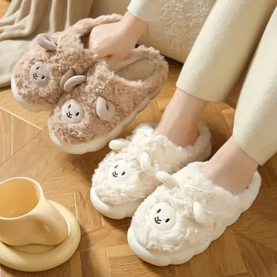 Winter Cute Sheep Wool Slippers for Women Men