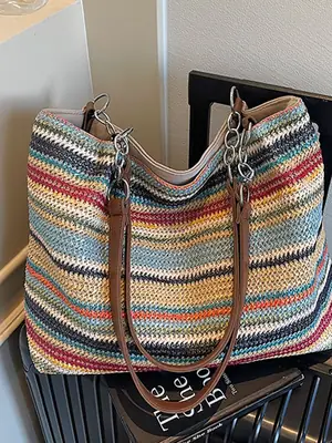 Cross-Border Striped Woven Bag Large Capacity Shoulder Underarm Bag