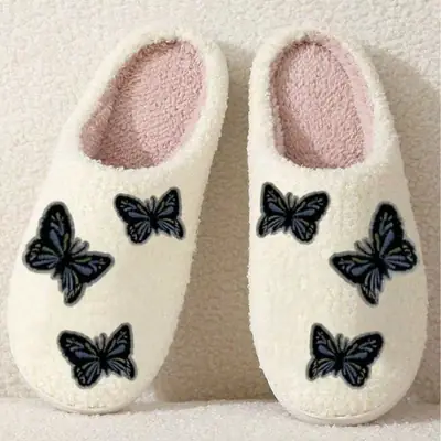 2025 Butterfly Embroidered Plush Cotton Slippers White
