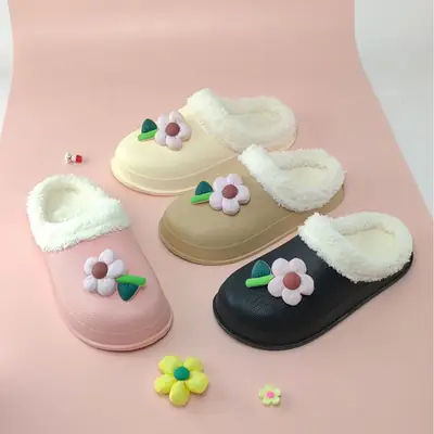 2026 Winter Cotton Slippers for Women Cute and Fun Flower Cartoon Warm Plush Thick-Soled Home Indoor Warm Slippers