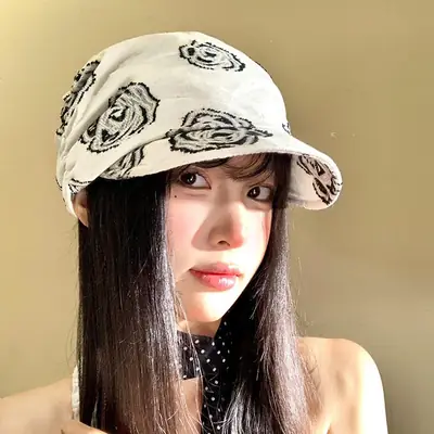 Women Linen Rose Embroidered Cap Large Circumference