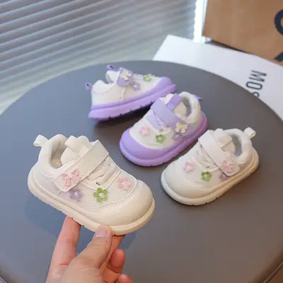 Spring and Autumn New Casual Baby Girls Flower Toddler Shoes Non-Slip Breathable Soft Sole Lightweight Baby Functional Mesh Shoes
