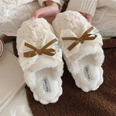 Winter Bow Thick Cotton Slippers for Women Brown