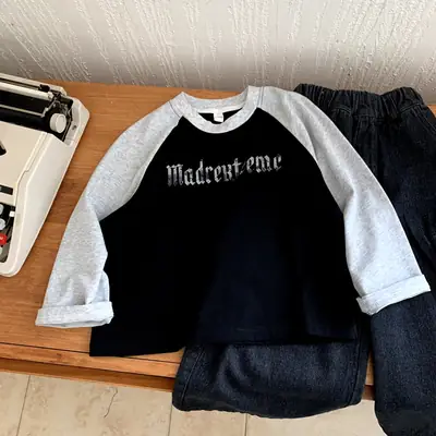 Boys Raglan Sleeve T-Shirt Black Grey Autumn Wear