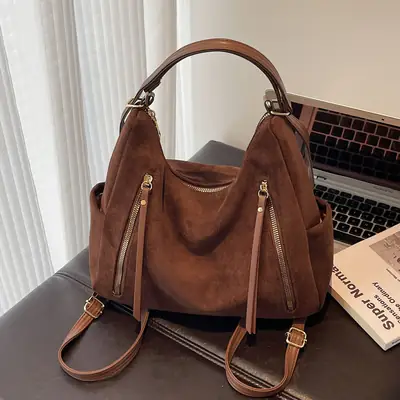 Women Retro Suede Shoulder Tote Bag Brown 2025