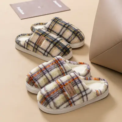 Classic Plaid Cotton Slippers Autumn Winter Warm Furry