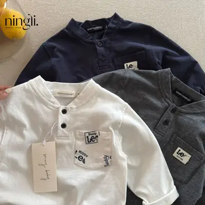 Ningli Boys Long Sleeve Polo Shirt White Navy Spring Autumn