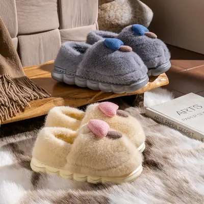 Cute Mushroom Slippers for Women Blue Beige Winter Warm