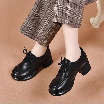 Women's Black Leather Lace-Up Flats with Thick Heel