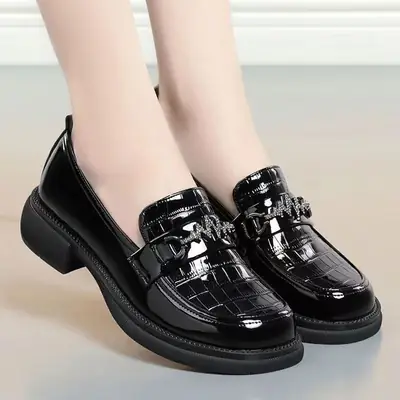 British Style Rhinestone Loafers Black Low Heel