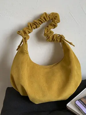 Yellow Pleated Shoulder Bag with Ruffled Handle