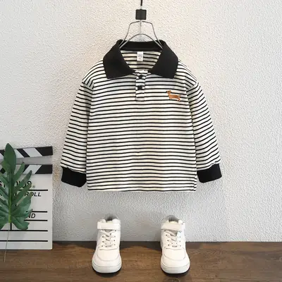 Boys Striped Polo Shirt Long Sleeve Embroidered Autumn Wear