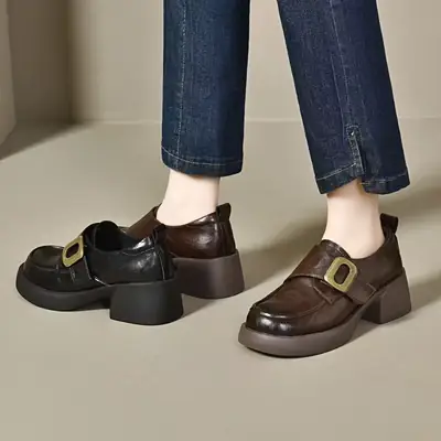 Women's Brown Thick Heel Loafers with Velcro Buckle