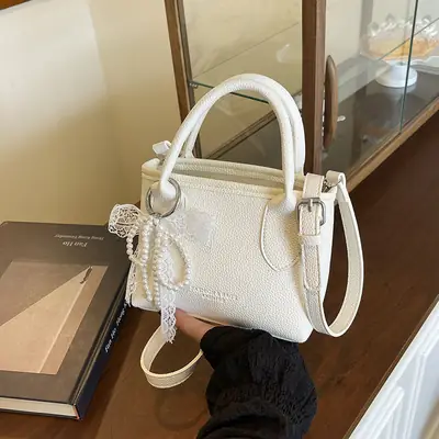 White Lace Bucket Bag with Pearl Drop for Women