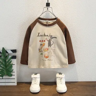 Boys Korean Cartoon Long Sleeve T-Shirt Brown Cream Medium