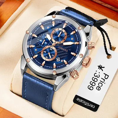 Men's Blue Six-Pin Watch with Rose Gold Accents