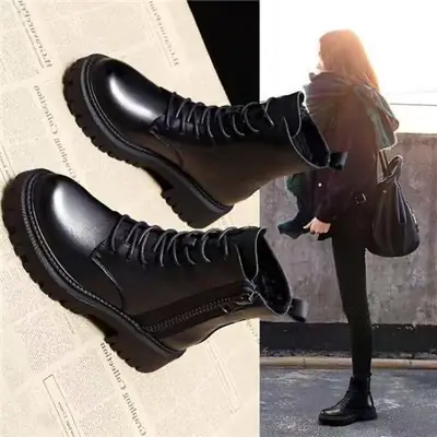 Women's Velvet Short Boots Black Thick Sole British Style
