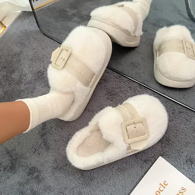 Women Winter Furry Slippers Thick Plush Warm