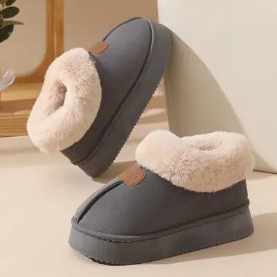 Women Winter Velvet Slippers with Fur Heel Brown