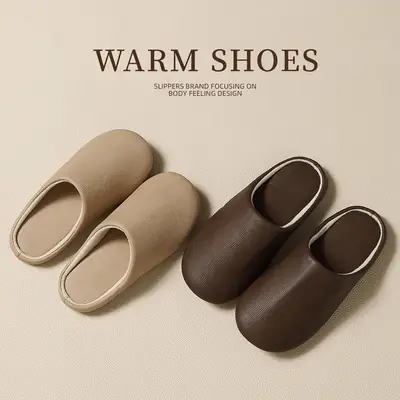 Brown Waterproof Cotton Slippers for Men Winter Warm Indoor Non-Slip