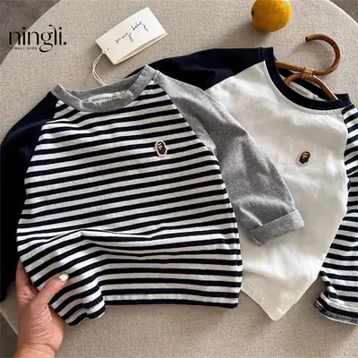 Children Striped Long Sleeve T-Shirt White Navy Autumn Boys