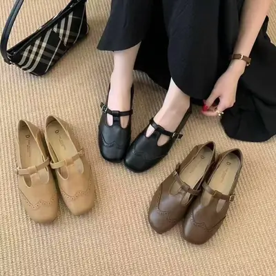 Black Buckle Strap Mary Jane Flats for Women