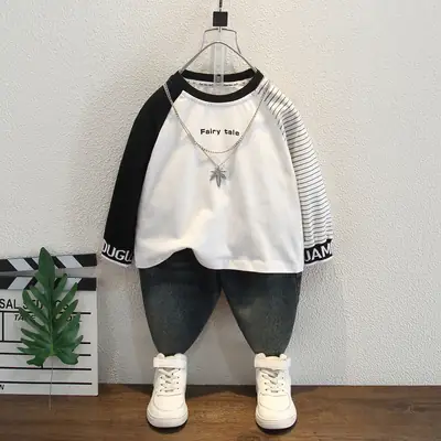 Boys' White Striped Long Sleeve T-Shirt with Black Sleeve Back