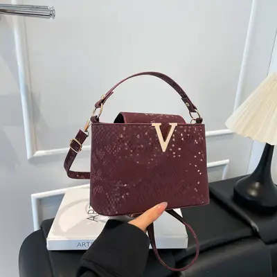 Maroon Snake Pattern Satchel Bag with V Logo