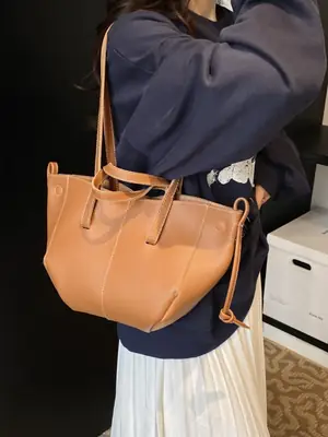 Tote Bag Tan Leather Large Capacity Shoulder Crossbody